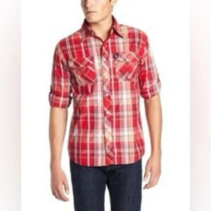 South pole Men Western Madras Plaid Woven Roll Tab Long Sleeve Red Shirt 5XL